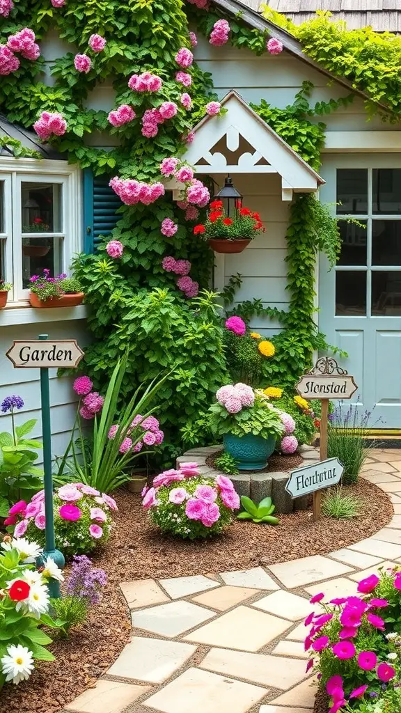 A colorful garden with personalized signs, featuring vibrant flowers and a cozy patio area.