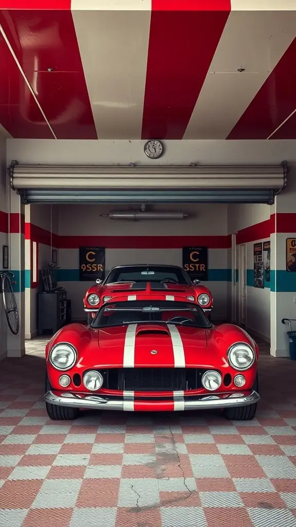 A vintage car with red body and white racing stripes parked in a garage with striped walls.