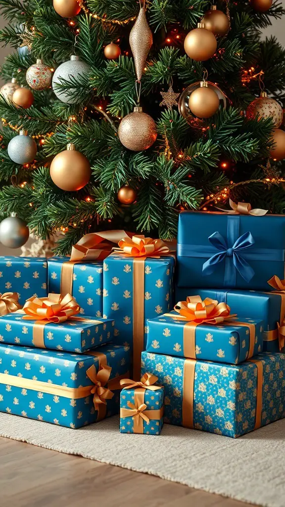 A collection of blue and gold wrapped gifts under a Christmas tree.