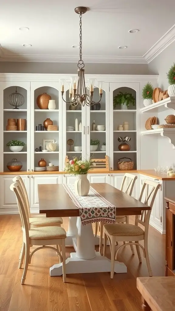 A dining room with a storage wall featuring decorative items and a dining table.