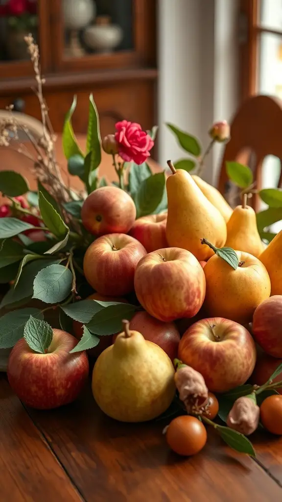 25+ Stunning Fall Dining Table Decor Ideas You Need to Try 14 A beautiful arrangement of apples and pears with greenery on a wooden table.