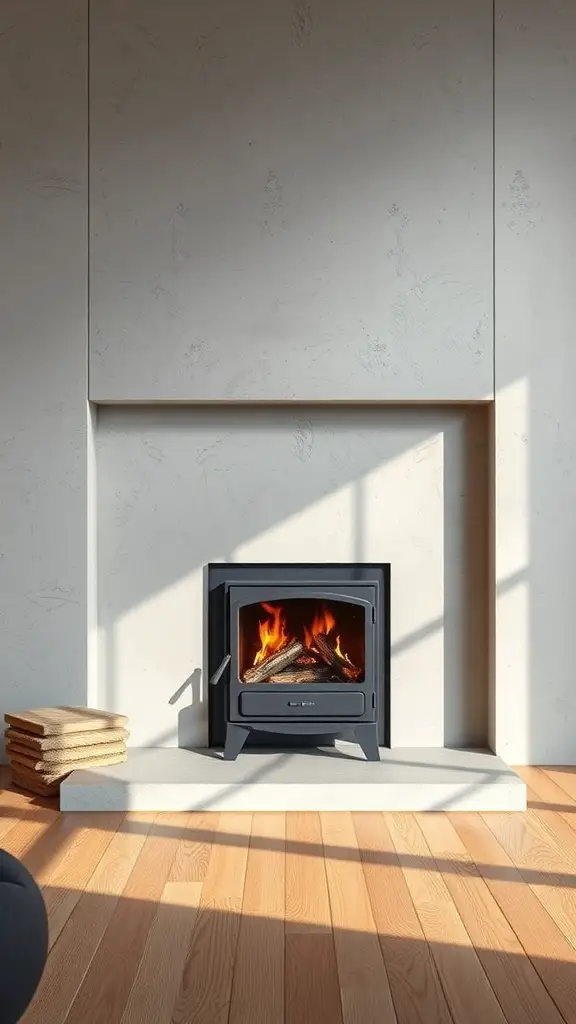 29+ Stunning Wood Stove Fireplace Surround Ideas to Warm Up Your Home 11 A modern wood stove with a concrete surround, featuring a cozy fire and wooden logs stacked nearby.