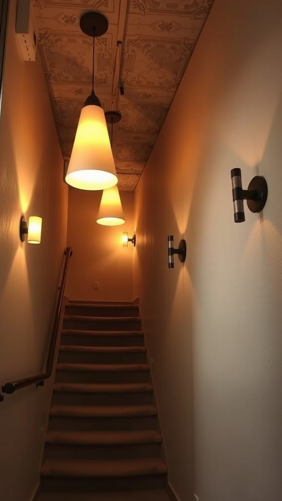 29+ Creative Basement Stairwell Ideas to Transform Your Space 12 Stylish basement stairwell with pendant and wall-mounted lighting fixtures