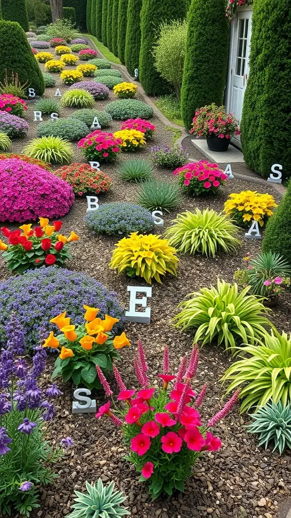 A colorful sloped garden filled with various flowers and plants, showcasing seasonal display ideas.