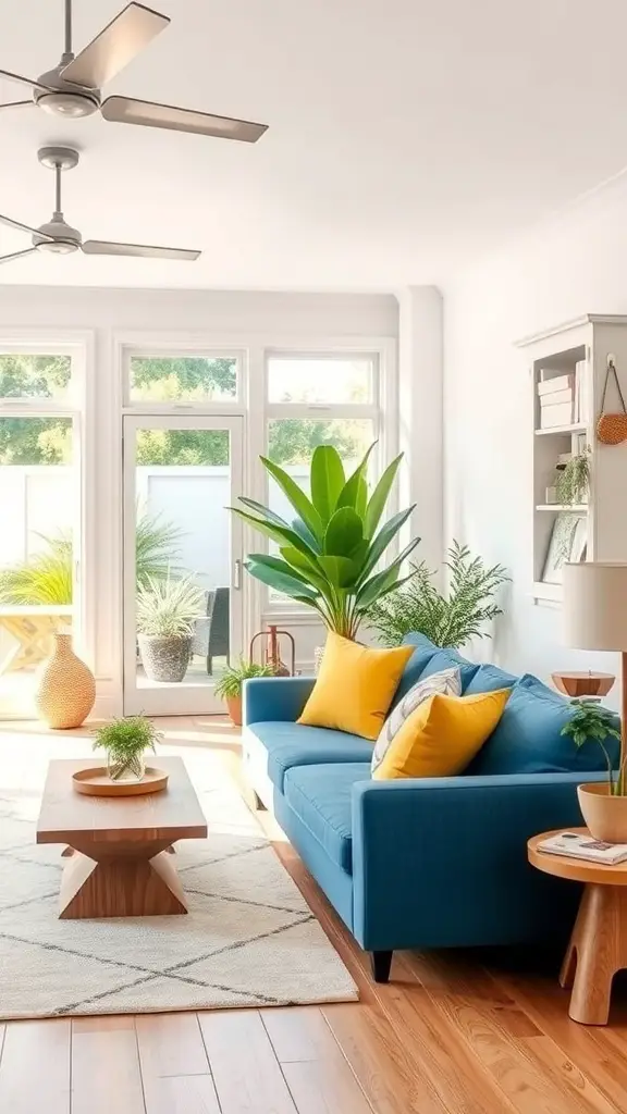 A bright living room featuring a blue sofa, wooden furniture, and various indoor plants.