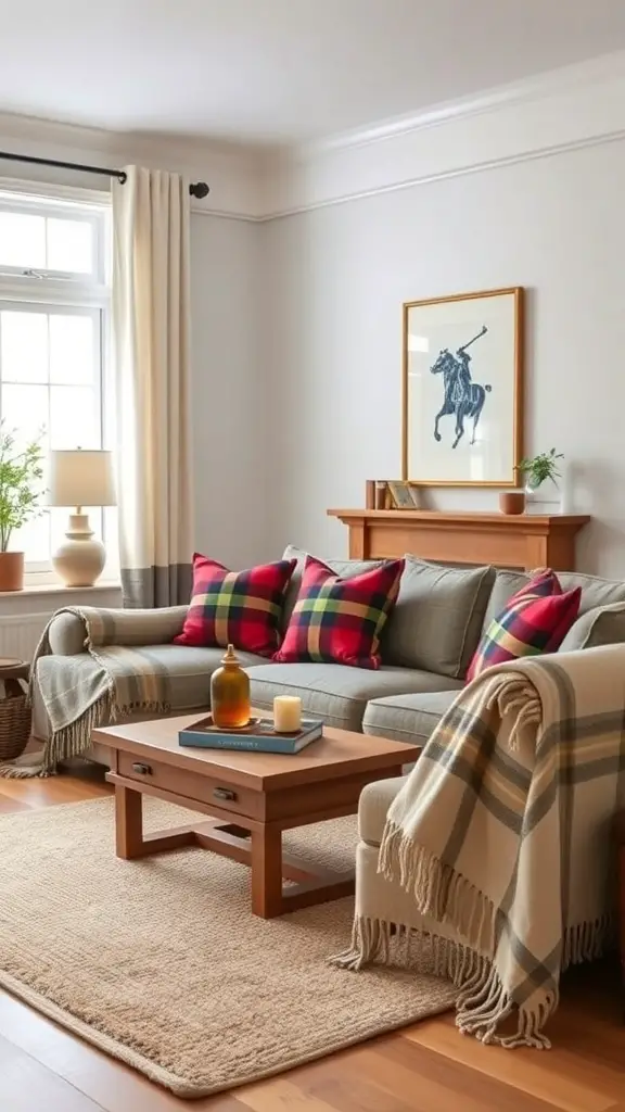 27+ Stylish Ralph Lauren Christmas Decor Pieces You Need This Holiday Season 5 Cozy living room with plaid pillows and blankets, wooden coffee table, and warm decor.
