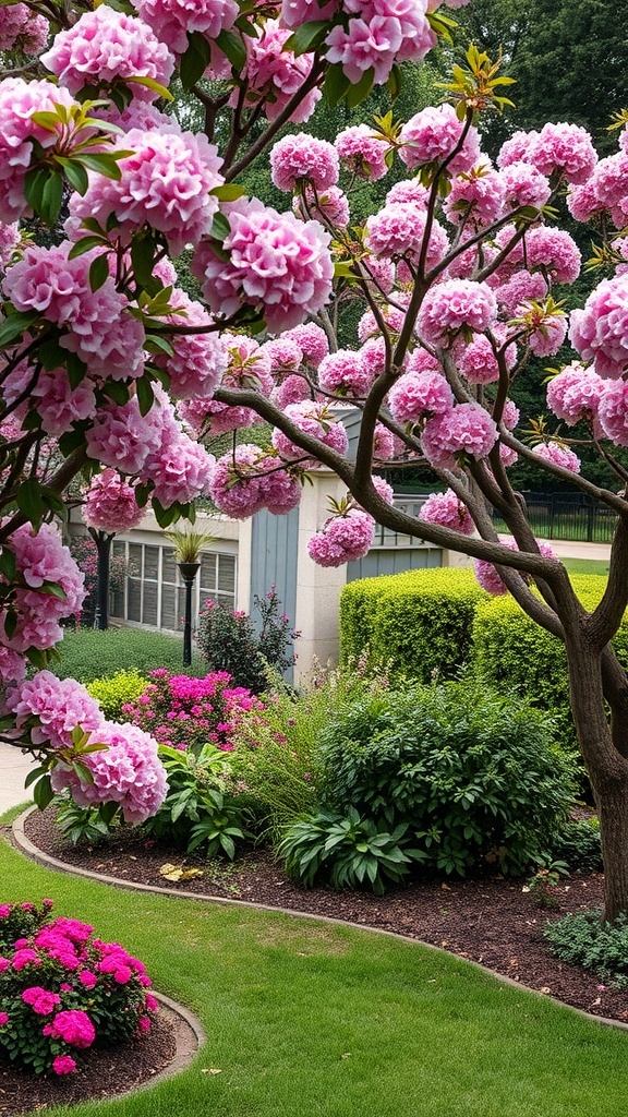 19+ Stunning Crepe Myrtle Landscaping Ideas to Transform Your Garden 13 A vibrant garden featuring pink crepe myrtle flowers among lush greenery.