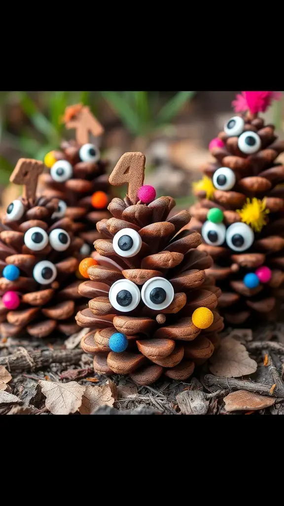 27+ Fun Halloween Crafts for Kids to Spook Up Your Season 13 A group of decorated pine cone monsters with googly eyes and colorful pom-poms.