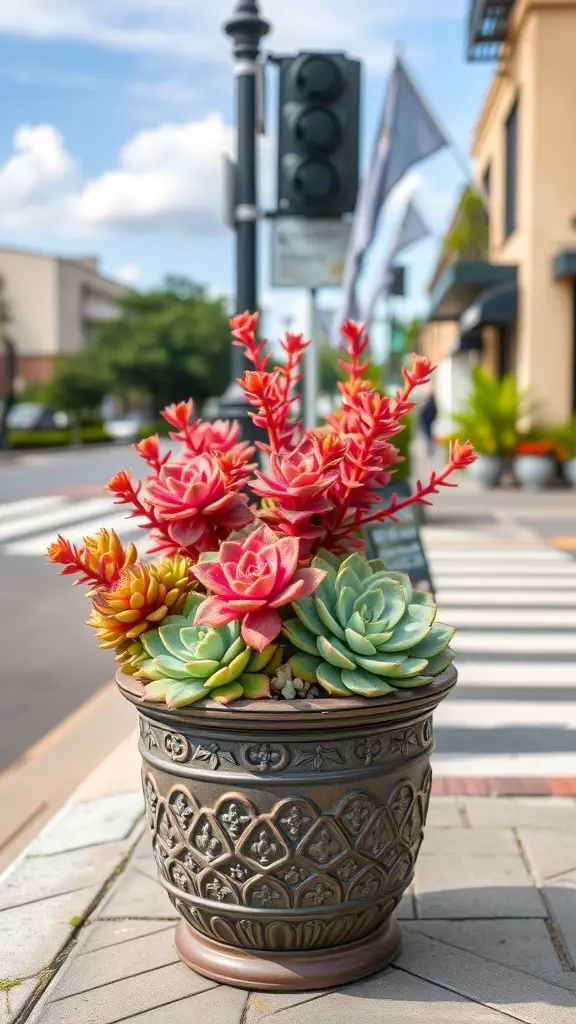 29+ Creative Street Garden Ideas for a Stunning Urban Oasis 10 A vibrant succulent arrangement in a decorative pot on a street corner.