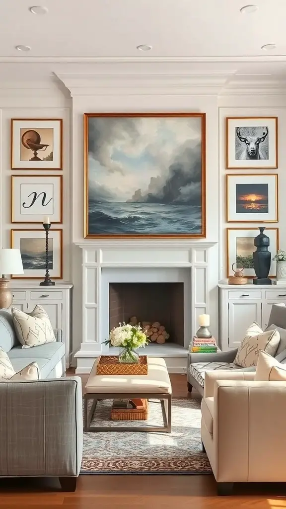 25+ Stunning Ralph Lauren-Inspired Interior Design Ideas 14 A stylish living room featuring a large ocean painting and various smaller framed artworks on the wall.