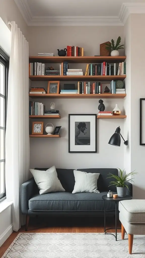 27+ Stunning Small Living Room and Dining Area Combinations 14 A small living room featuring open shelving with books and decorative items.