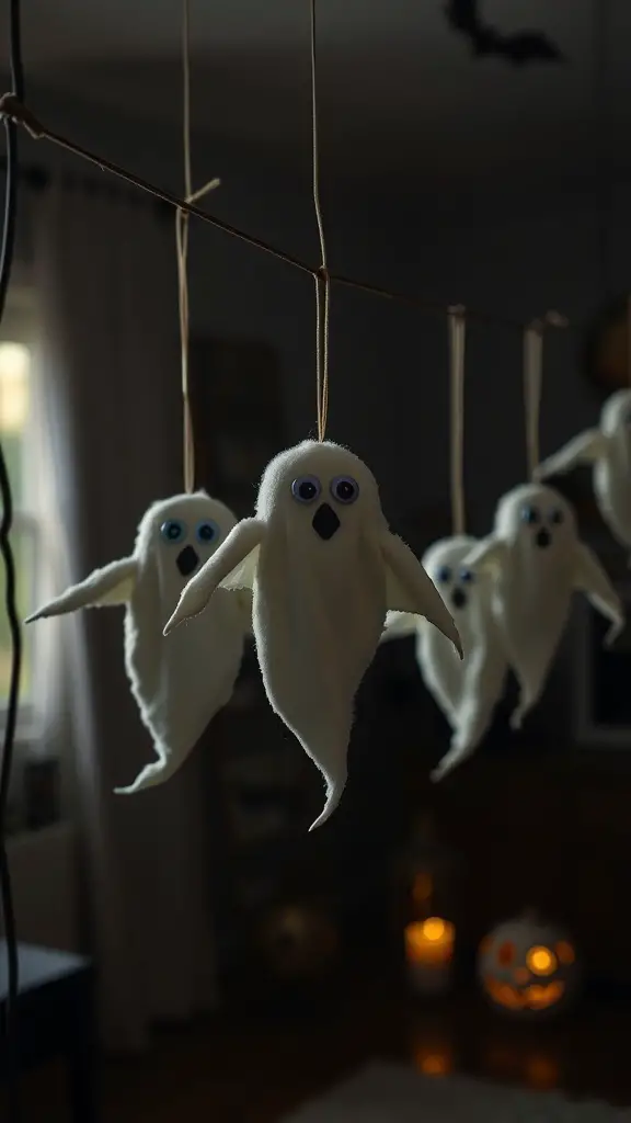 29+ Creative Halloween Craft Ideas to Spookify Your Home 17 Hanging cotton ball ghost decorations with googly eyes