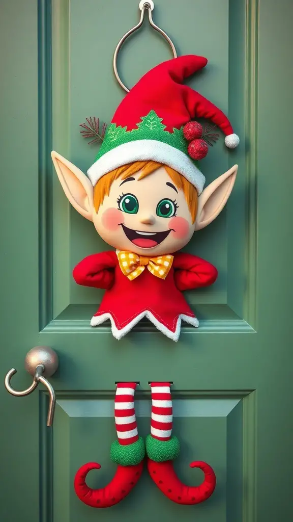 A cheerful elf door hanger with a red outfit and festive hat, smiling on a green door.