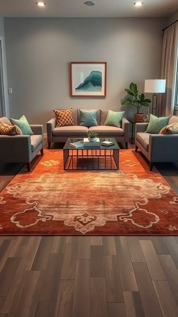 Chic brown and blue area rug in a stylish living room setting