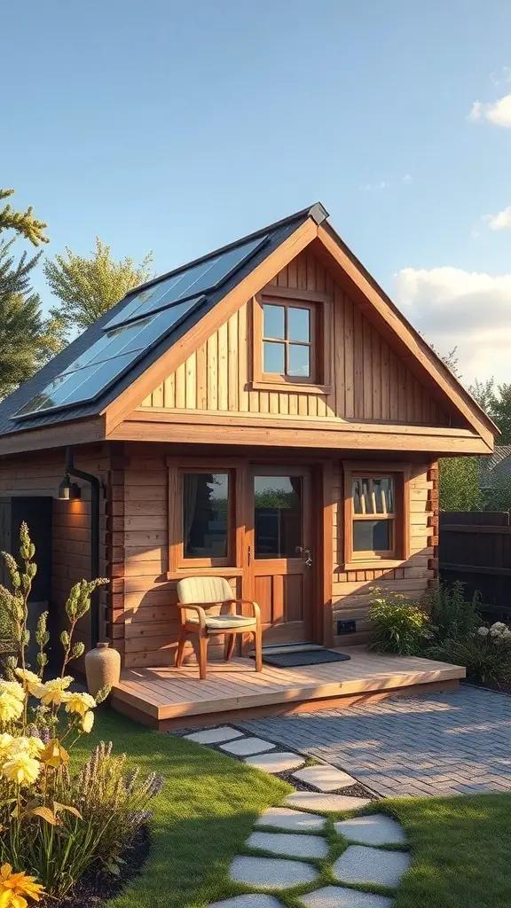 A sustainable garden cabin with solar panels, wooden exterior, and a cozy porch surrounded by flowers and greenery.
