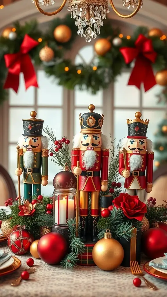 31+ Creative Christmas Centerpieces for Your Holiday Table 21 A festive Nutcracker themed centerpiece with nutcracker figures, ornaments, and greenery.