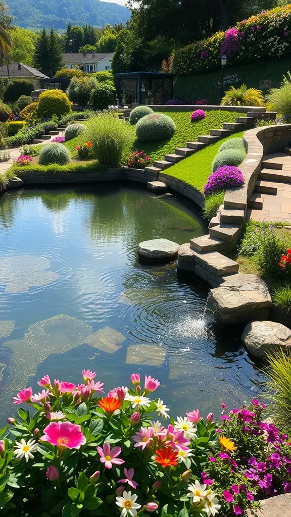 25+ Inspiring Hill Garden Ideas You Need to Try 10 A serene hill garden featuring a pond surrounded by colorful flowers and lush greenery.