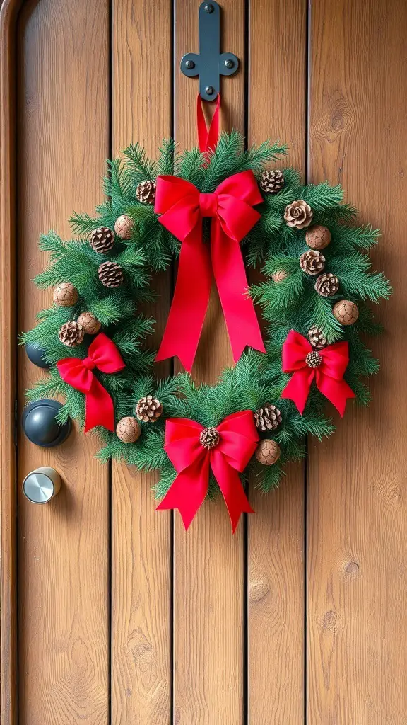 27+ Festive Christmas Painting Ideas to Inspire Your Holiday Spirit 19 A Christmas wreath with red bows and pinecones hanging on a wooden door.