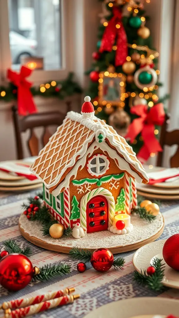 31+ Creative Gingerbread Christmas Decor Ideas You’ll Love 10 A decorated gingerbread house centerpiece surrounded by Christmas ornaments and greenery.