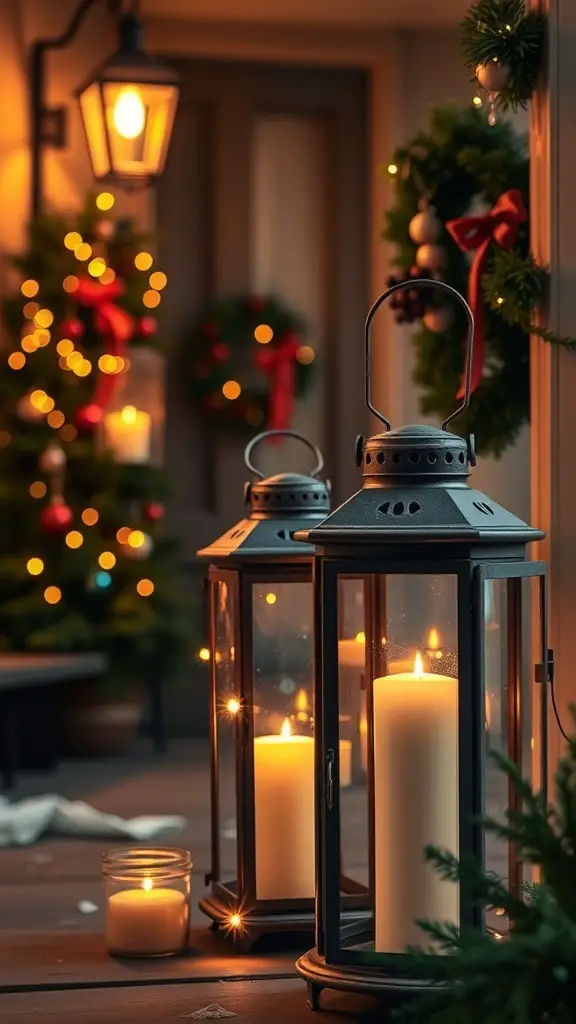 Vintage lanterns with candles on a Christmas porch, surrounded by festive decorations.