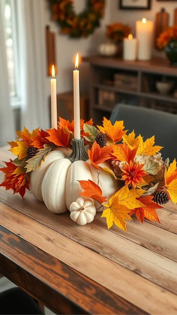 A charming pumpkin centerpiece with white pumpkins, autumn leaves, and candles.
