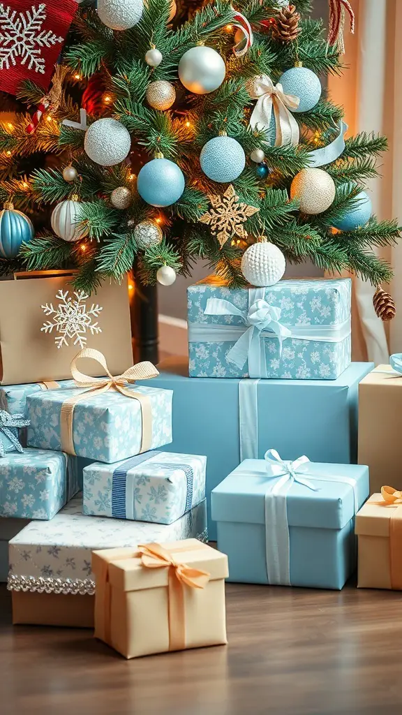 Christmas tree with blue and white themed gifts underneath