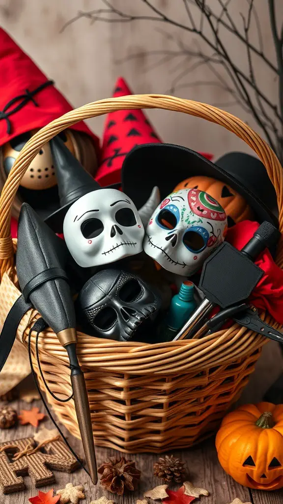 27+ Creative Boo Basket Ideas for a Spooktacular Surprise 17 A basket filled with Halloween costume accessories including skulls, witch hats, and decorative pumpkins.
