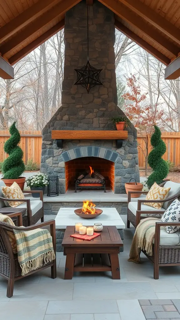 17 Stylish Patio Furniture Layout Ideas for Your Outdoor Space 5 Cozy outdoor seating area with a fireplace, surrounded by chairs and decorative elements.