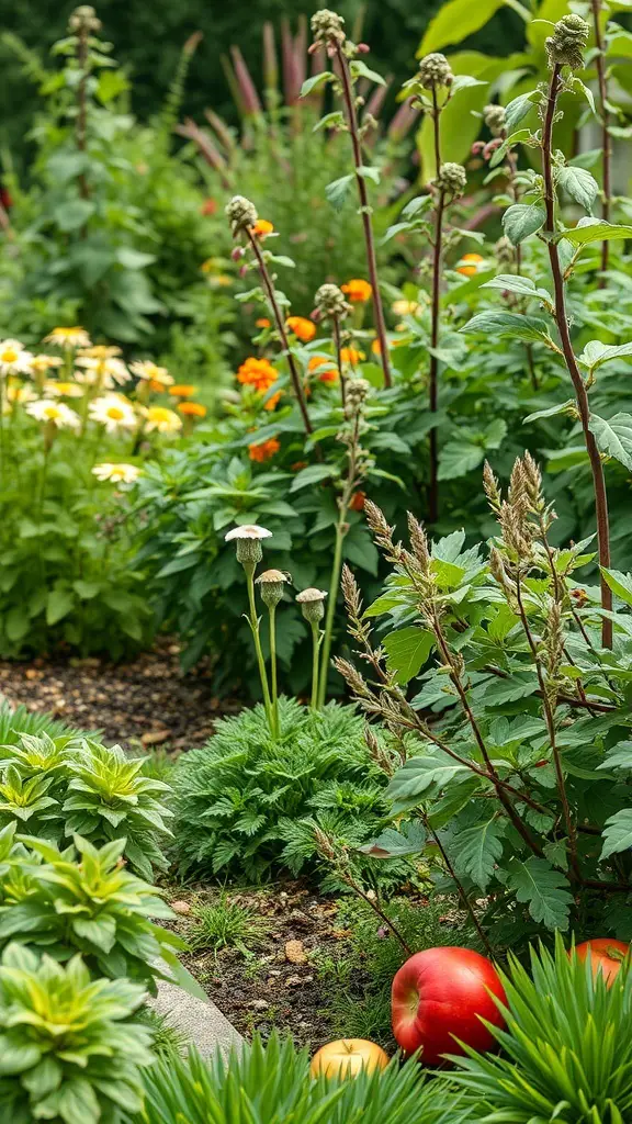 A colorful garden with flowers and apples, showcasing the concept of edible landscaping.