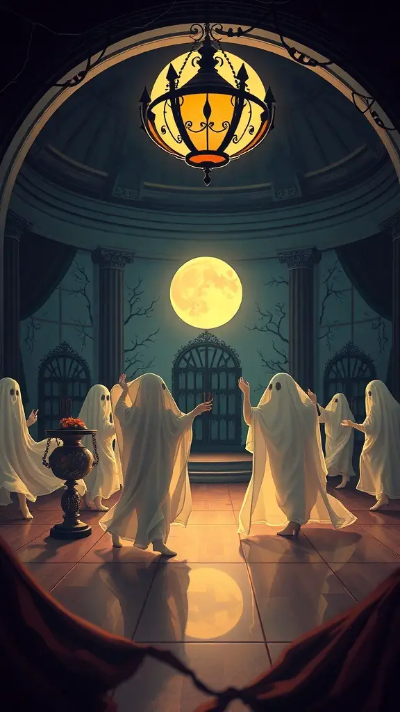 A spooky ballroom with dancing ghosts under a chandelier and a full moon.