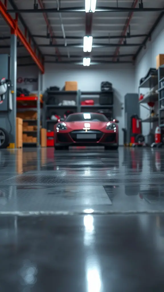 25+ Creative Garage Tile Floor Ideas to Transform Your Space 8 A modern garage with a glossy tile floor reflecting overhead lights.