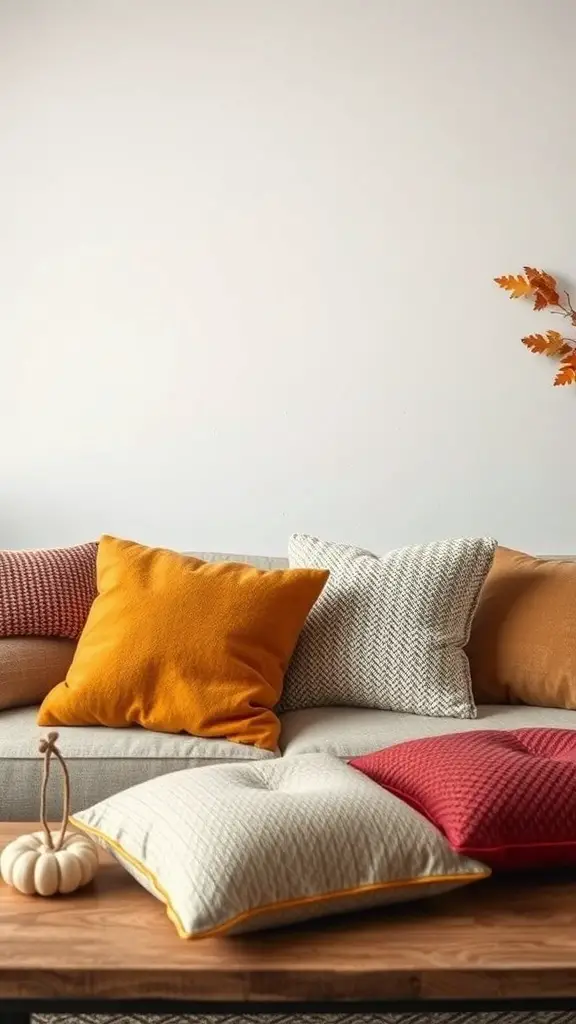 A cozy arrangement of textured pillows in warm autumn colors on a couch, with a small pumpkin and autumn leaves for decoration.