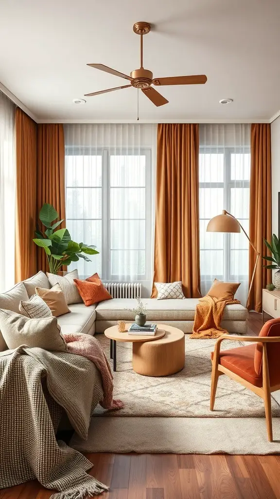 A mid-century modern living room featuring layered textiles with a cozy sofa, colorful cushions, and warm curtains.