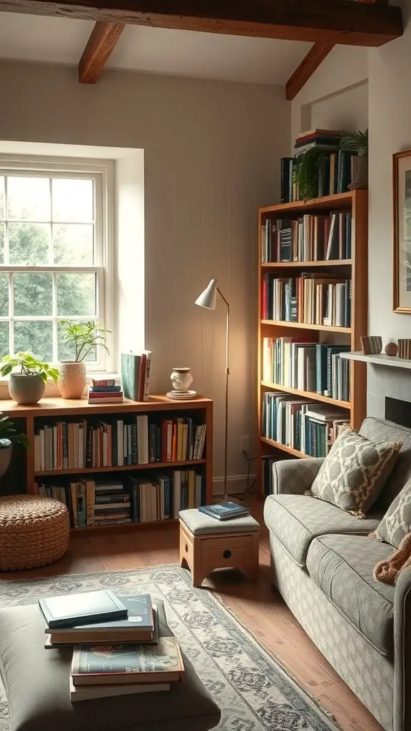 23+ Cozy English Cottage Living Room Ideas for a Warm Home Aesthetic 12 Cozy living room with bookshelves filled with books and a comfortable seating area