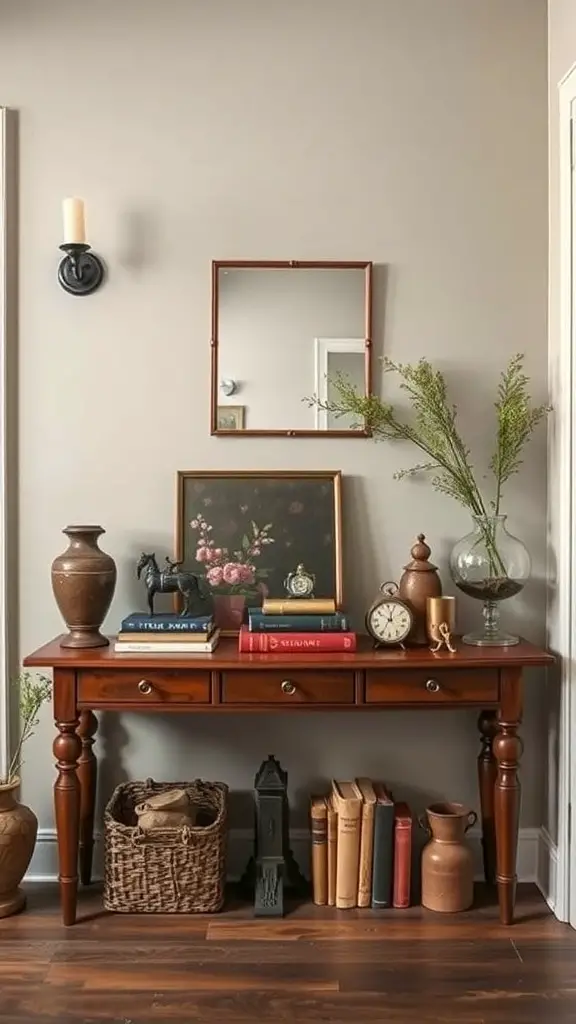 27+ Fall Entry Table Decor Ideas with 18 A vintage entry table decorated with various items including books, a vase, a clock, and a painting.
