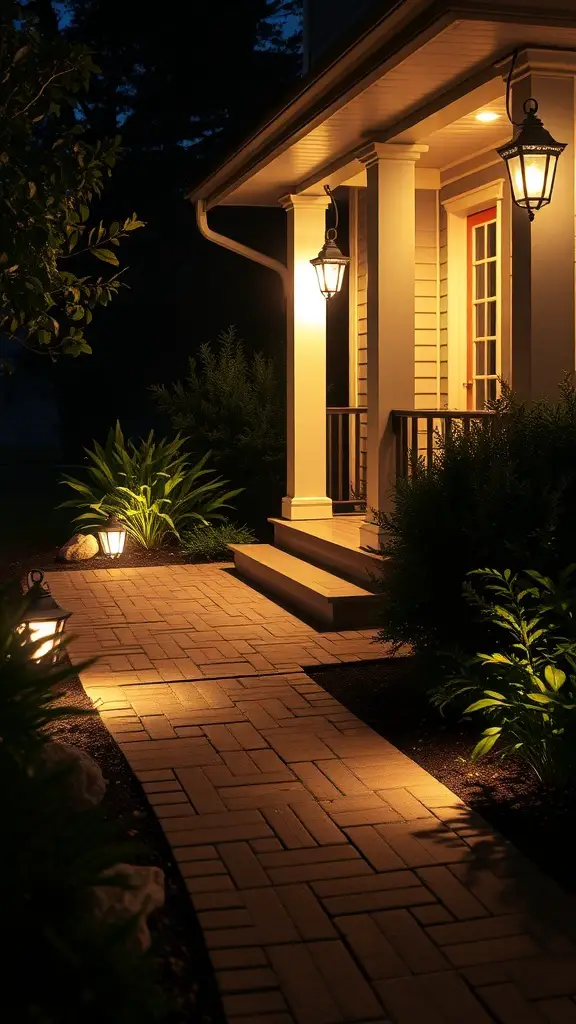 25+ Creative Front Porch Lighting Ideas to Brighten Your Home 19 A well-lit pathway leading to a front porch with lantern-style lights and landscaped greenery.