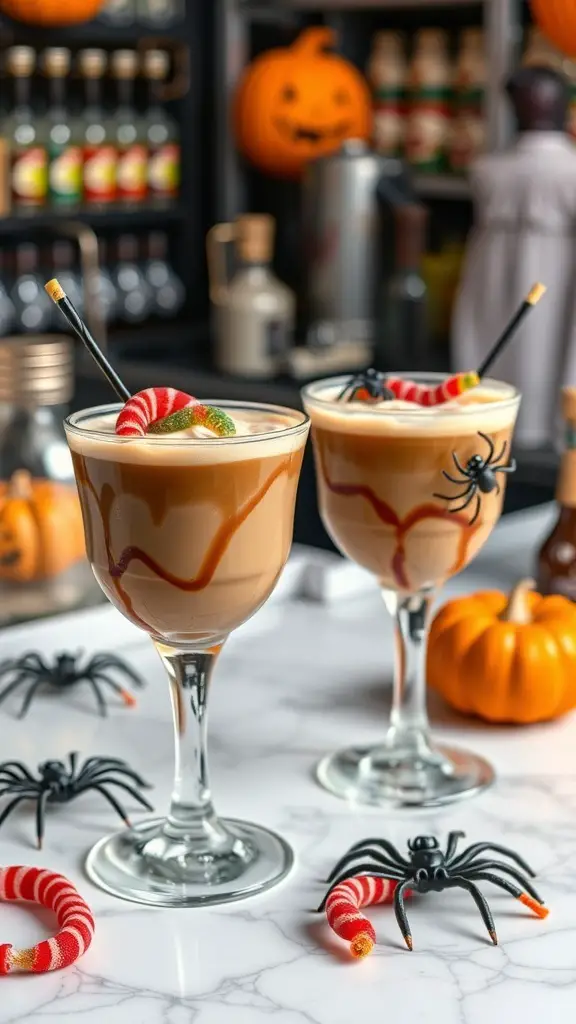 23+ Spooktacular Halloween Coffee Bar Ideas for a Festive Fall Celebration 11 Two creepy crawly coffee cocktails with gummy worms and plastic spiders, set against a Halloween-themed backdrop.