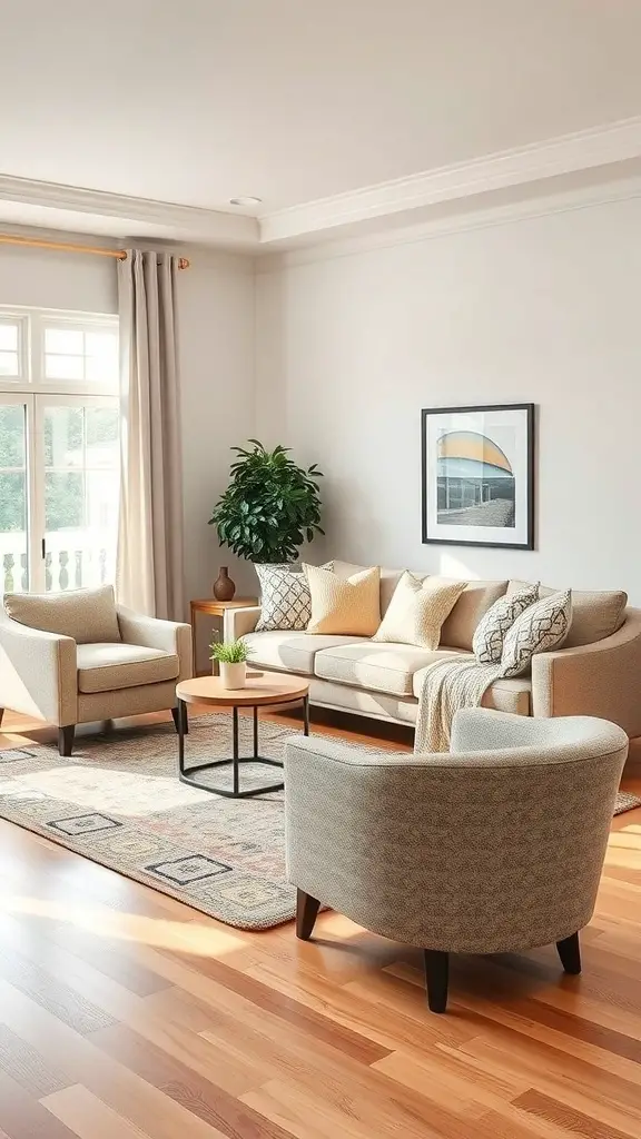 27+ Stunning Ideas for a Neutral and Blue Living Room Decor 9 A cozy living room with neutral-colored seating and a round coffee table, featuring a potted plant and natural light.