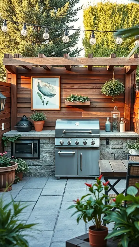27+ Must-Have Items for the Ultimate Outdoor Grill Station 17 A stylish outdoor grill station with a stone countertop, potted plants, artwork, and string lights.