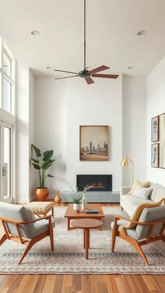 31+ Inspiring Mid Century Decor Ideas for a Stylish Home 16 A mid-century modern living room with wooden furniture, a cozy sofa, and natural light.