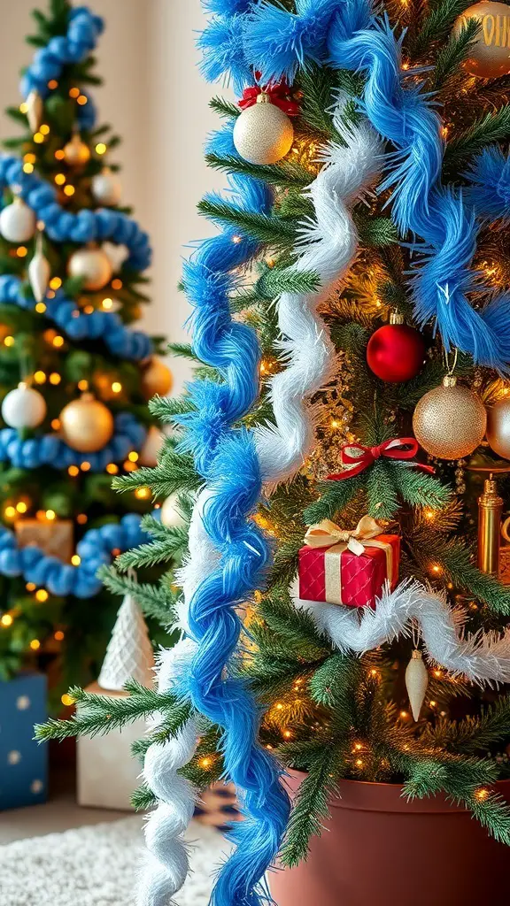 Blue and white garlands on a Christmas tree with ornaments and gifts