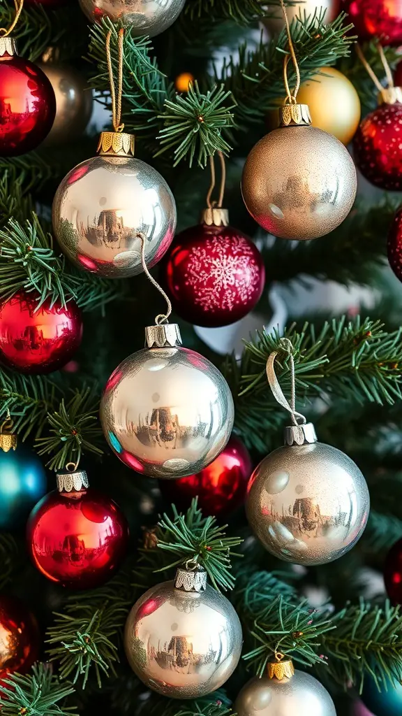 A close-up of vintage glass baubles hanging on a Christmas tree, showcasing shiny red and silver ornaments.
