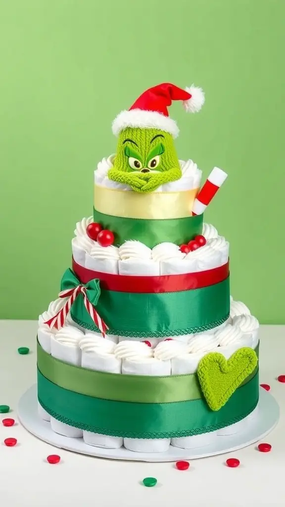 19+ Adorable Grinch Baby Shower Ideas You’ll Love 14 A three-tiered diaper cake decorated in Grinch theme with a Grinch figure on top, colorful ribbons, and candy canes.