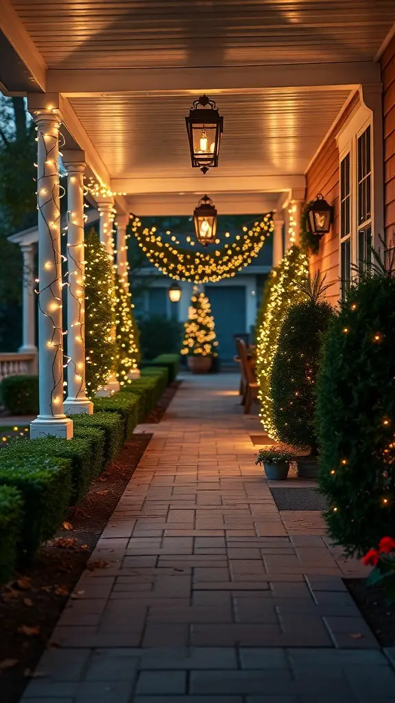 A beautifully lit porch pathway with string lights and greenery, creating a festive atmosphere.