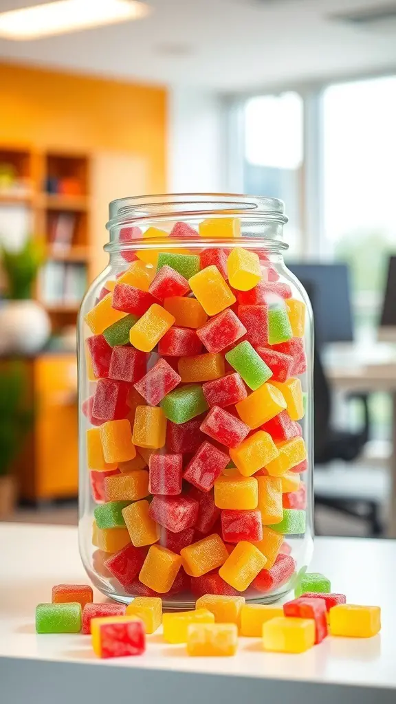 21+ Creative Office Candy Jar Ideas to Sweeten Your Workspace 21 A jar filled with colorful fruit-flavored taffy candies on a desk in an office setting.