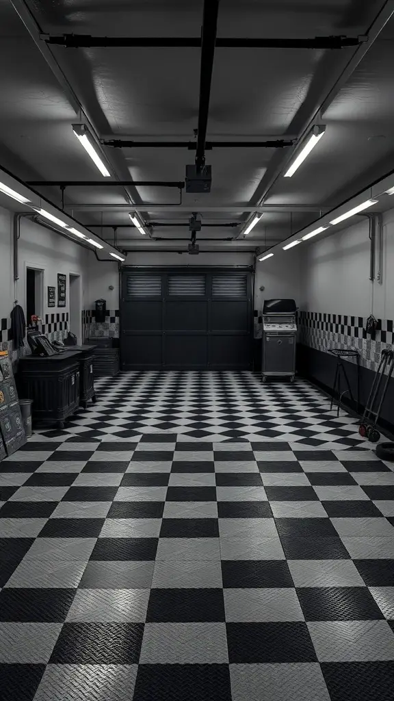 A garage with a classic checkerboard floor design in black and white.