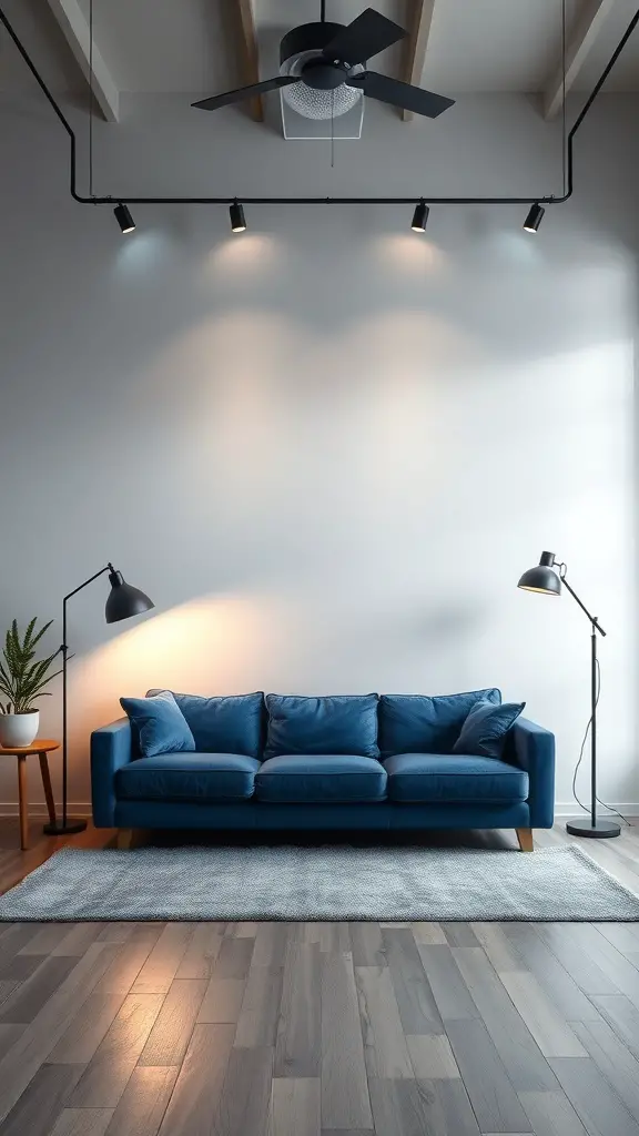 29+ Stunning Blue Couch Living Room Ideas You’ll Love 16 A stylish living room featuring a blue couch, layered lighting, and a cozy atmosphere.