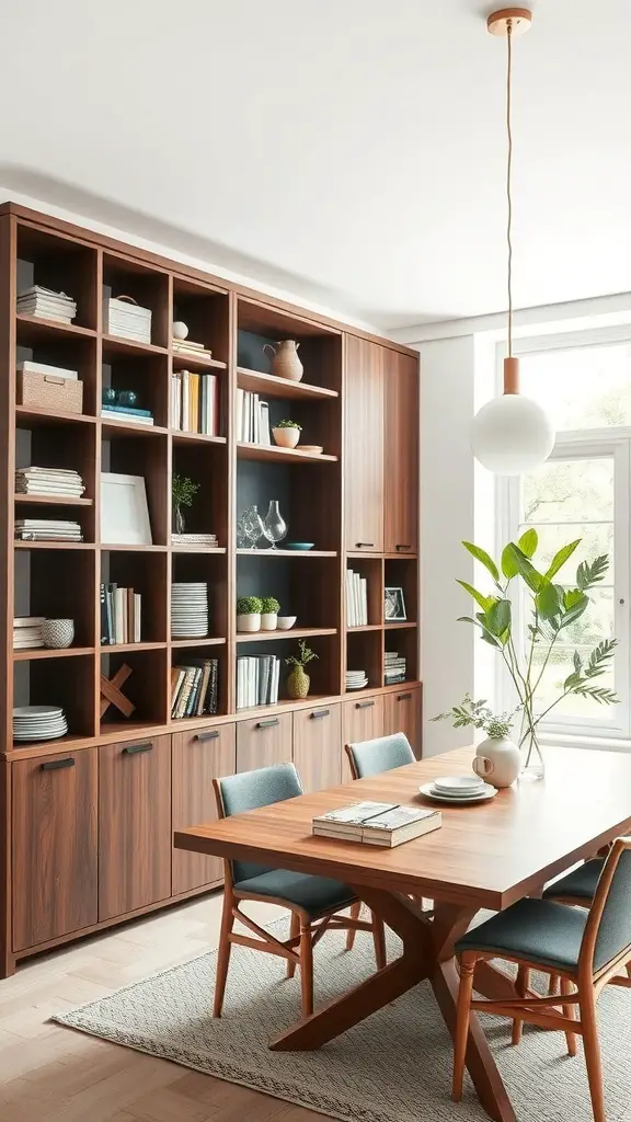 A modern dining room featuring a large wooden storage wall with shelves and cabinets, a wooden dining table, and stylish chairs.