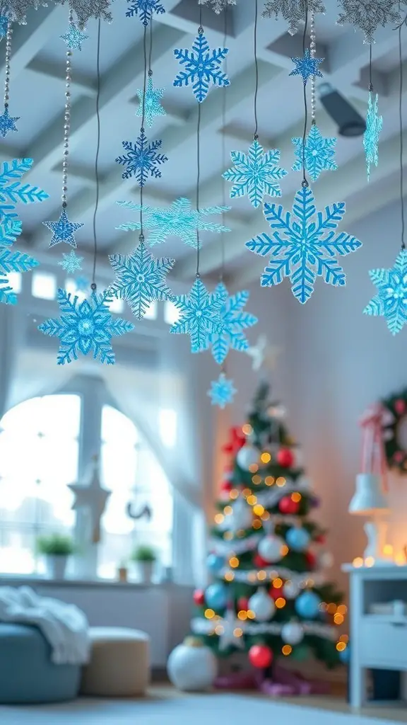 37+ Stunning Blue Christmas Decor Ideas for a Festive Winter Wonderland 20 Hanging blue snowflakes decor in a festive room with a Christmas tree