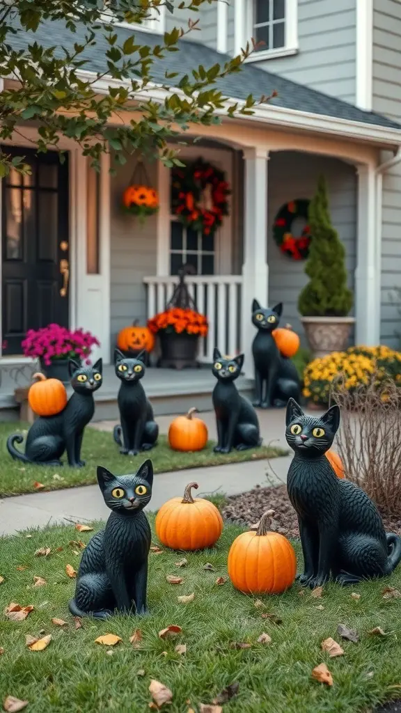 31+ Spooky Halloween House Decorations You Need This Season 19 A front yard decorated with black cat figures and pumpkins for Halloween.